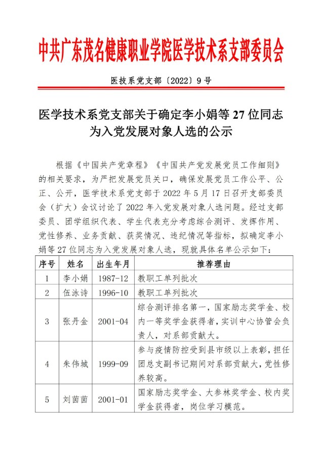 医学技术系党支部关于确定李小娟等27位同志为入党发展对象人选的公示（医技系党支部〔2022〕9号）_00.jpg